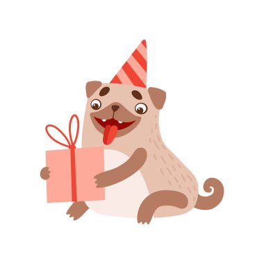 Hediye kutusu, komik samimi hayvan evde beslenen hayvan karakter vektör çizim ile katta oturan parti şapkası şirin Pug köpek