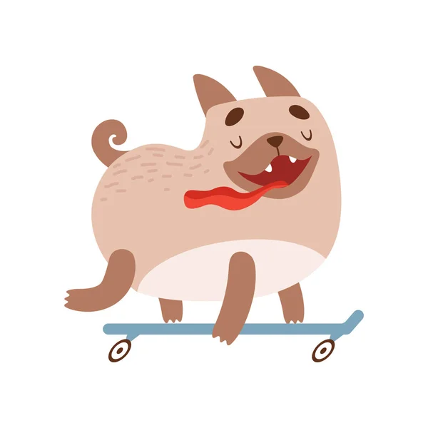 Cute Happy Pug Dog Riding Skateboard, Funny Friendly Animal Pet Character Vector Illustration — Stock Vector