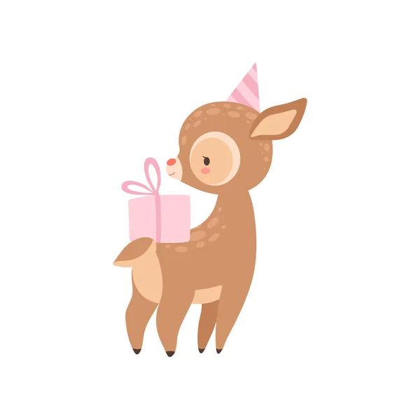 Niedliche Baby-Hirsch mit rosa Geschenkbox, entzückende Wald Rehkitz Tier Vektor Illustration — Stockvektor
