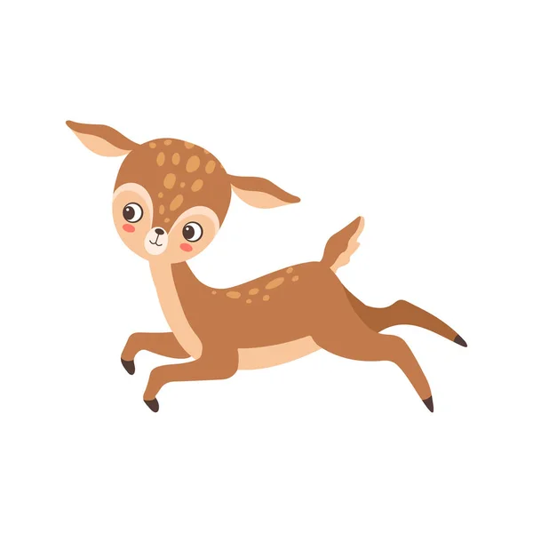 Bonito bebê cervo feliz saltando, adorável floresta Fawn animal vetor ilustração —  Vetores de Stock