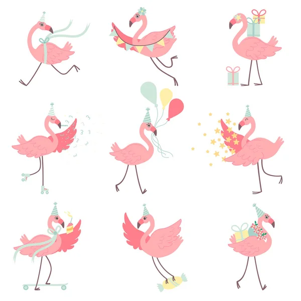 Niedlichen rosa Flamingos in Party-Hüte Set, schöne exotische Vögel Zeichen mit Geschenkboxen und bunten Luftballons, alles Gute zum Geburtstag Vektor Illustration — Stockvektor