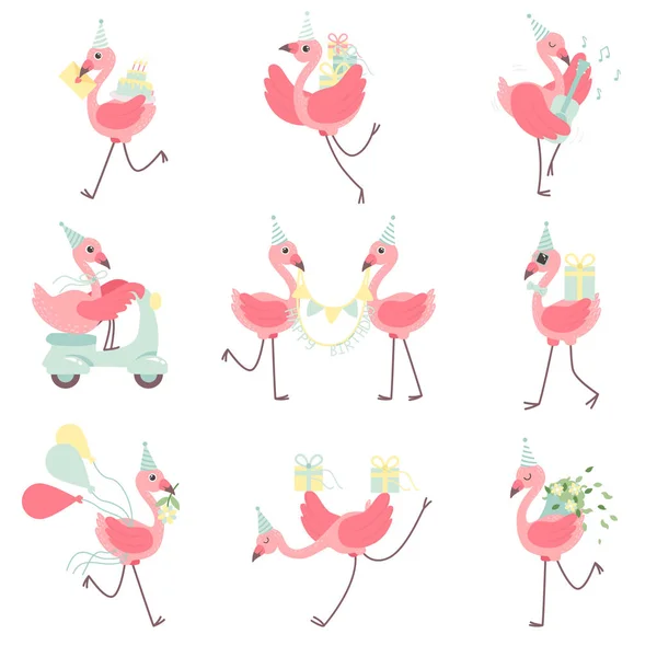 Lindos flamencos en conjunto de sombreros de fiesta, hermosos personajes de aves exóticas con cajas de regalo, flores, banderas de fiesta, Feliz cumpleaños Vector Ilustración — Vector de stock