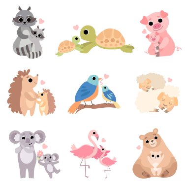 Sevimli hayvan aileler ayarla, rakun, kaplumbağa, domuz, kirpi, kuş, koyun, Koala, Flamingo, ayı illüstrasyon vektör