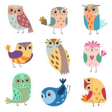 Şirin Owlets, renkli sevimli baykuş kuş topluluğu illüstrasyon vektör
