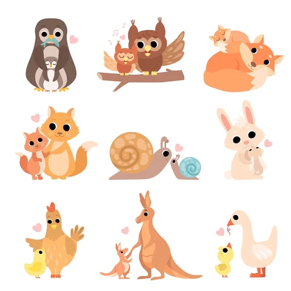 Roztomilé zvířecí rodiny Set, tučňák, sova, veverka, liška, šnek, králík, slepice, klokan, husí vektorové ilustrace — Stockový vektor