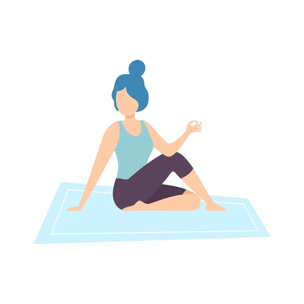 Niña a la mitad Señor de los Peces Pose, Mujer joven practicando Yoga, Entrenamiento Físico Vector Ilustración — Vector de stock