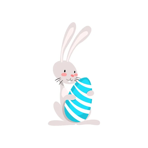 Cute White Easter Bunny Holding Egg, Funny Rabbit Cartoon Character Vector Illustration — Stock Vector