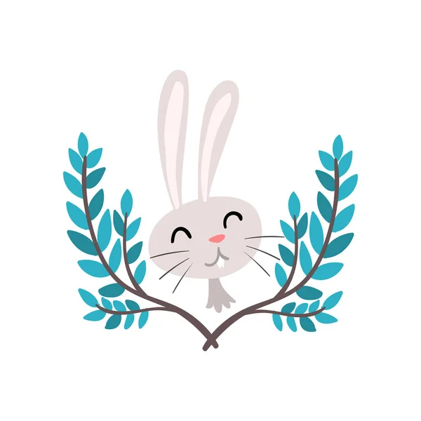 Cute White Easter Bunny and Green Spring Twigs Vector Illustration — Stock Vector