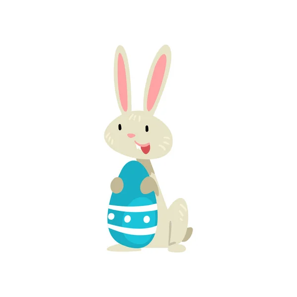 Cute White Easter Bunny with Blue Colored Egg, Adorable Rabbit Cartoon Character Vector Illustration — Stock Vector