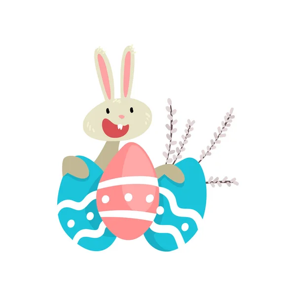 Carino coniglietto bianco di Pasqua con uova colorate, personaggio divertente del cartone animato del coniglio con l'illustrazione vettoriale dei ramoscelli di salice — Vettoriale Stock