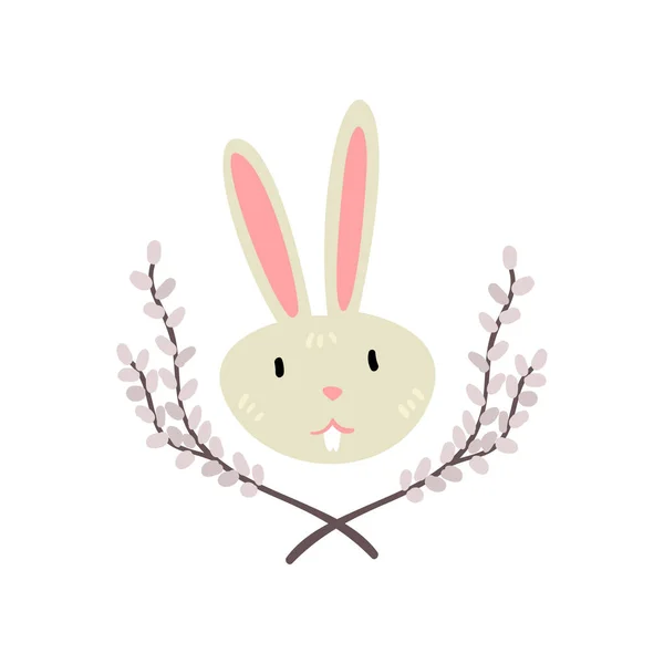 Cute White Easter Bunny Head with Willow Twigs Vector Illustration — Stock Vector