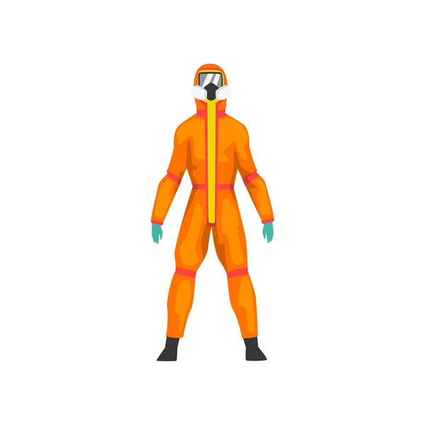 Hombre en traje de protección naranja y máscara de gas, industria química profesional seguridad uniforme vector ilustración — Vector de stock