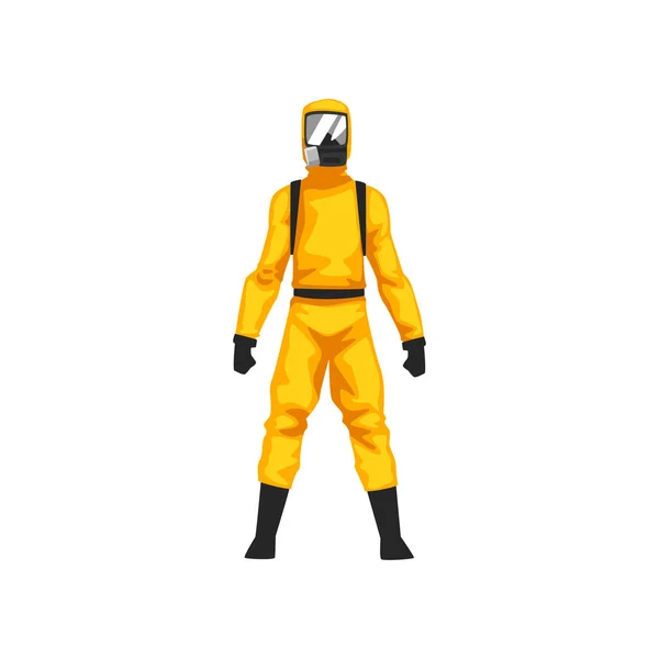 Hombre en traje de protección y máscara de gas, química o biopeligro profesional de seguridad uniforme Vector ilustración — Vector de stock