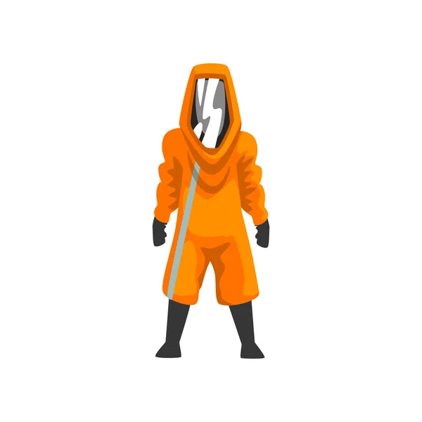 Adam maske, kimyasal, radyoaktif, toksik, zararlı profesyonel Emanet Tekdüzen vektör çizim, kask ve turuncu koruyucu giysi — Stok Vektör