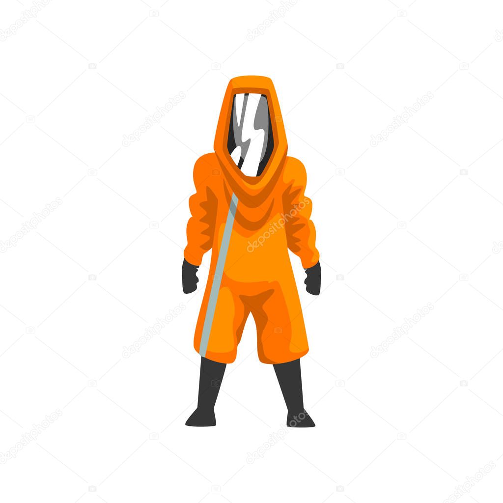 Man in Orange Protective Suit, Helmet and Mask, Chemical, Radioactive, Toxic, Hazardous Professional Safety Uniform Vector Illustration