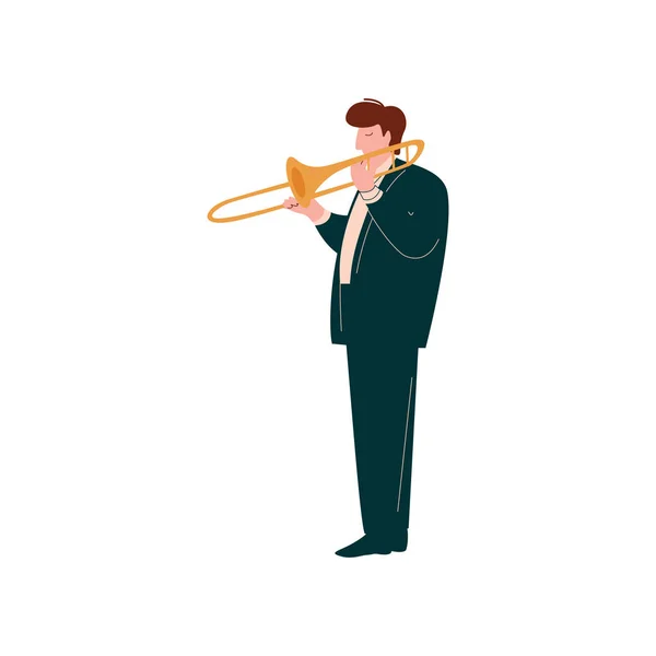 Mladý muž hrající trumpeta, hudebník trumpetista hráče s klasickou hudební nástroj vektorové ilustrace — Stockový vektor
