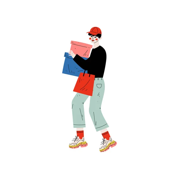 Joven en ropa de moda Cajas de transporte y bolsas de compras, Guy Compras en la tienda, Centro comercial, Tienda Vector Ilustración — Archivo Imágenes Vectoriales