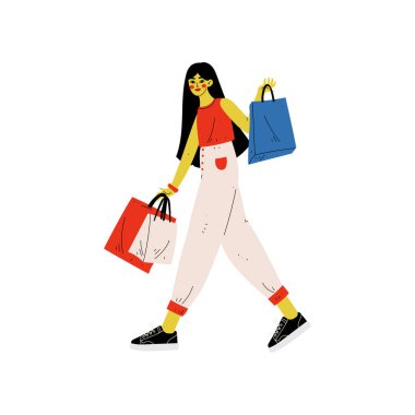 Son moda elbiseleri genç kadın alışveriş, mağaza, alışveriş merkezi veya Dükkanı vektör çizim mevsimlik Satılık alışveriş torbaları ile yürüyen kız