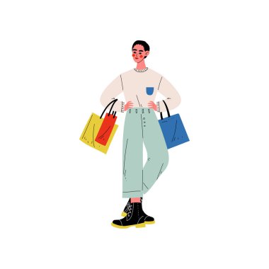 Trendy kıyafetler ayakta alımları ile alışveriş torbaları, mağaza, Alışveriş Merkezi, dükkanı vektör çizim mevsimlik satışı ile genç adam