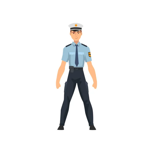 Policejní důstojník v modré jednotné a bílé víčko, profesionální policista charakter vektorové ilustrace — Stockový vektor