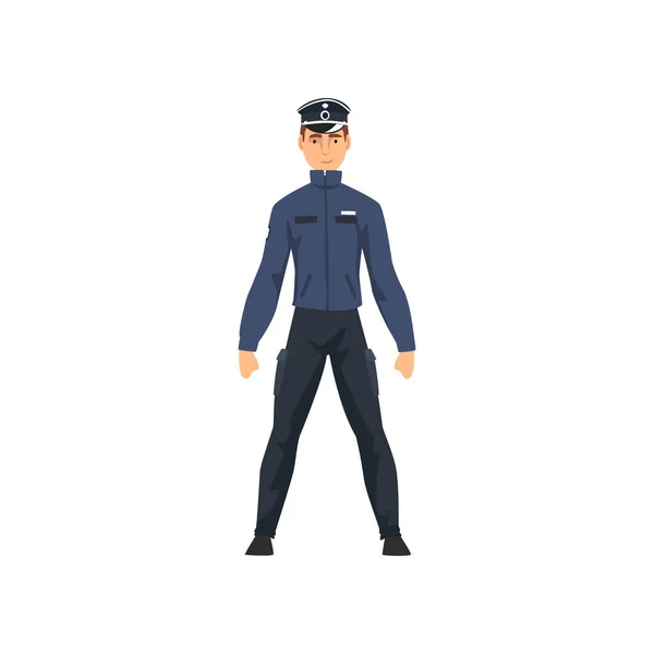 Professional Policeman Character in Dark Blue Uniform and Cap Vector Illustration — Stock Vector