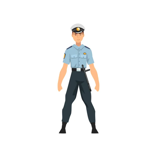 Oficial de Policía de Seguridad, personaje de policía profesional en uniforme azul Vector Illustration — Archivo Imágenes Vectoriales