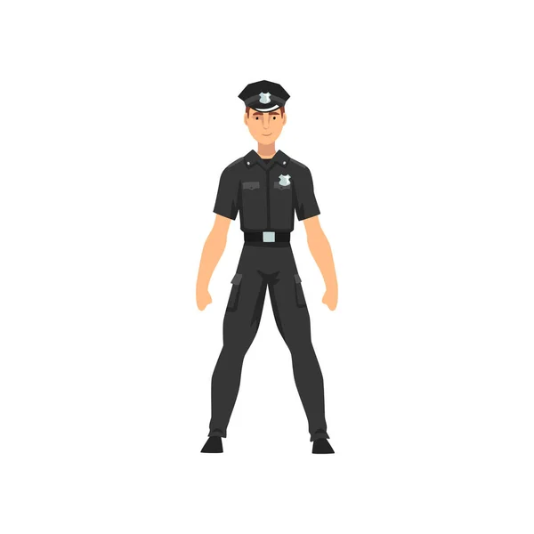 Säkerhet polis karaktär i svart enhetlig vektorillustration — Stock vektor