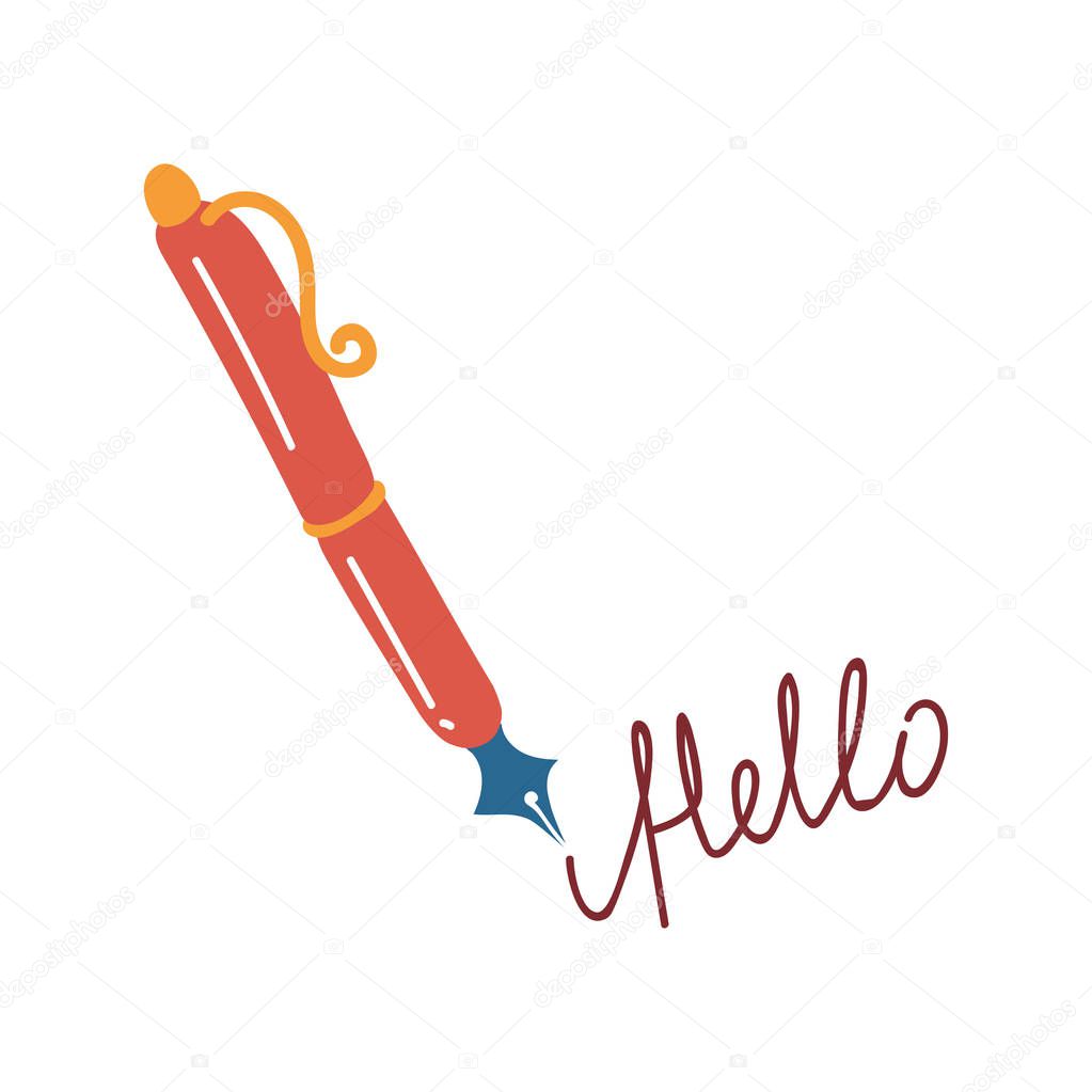 Fountain Pen Writing Hello, Retro Stationery Vector Illustration