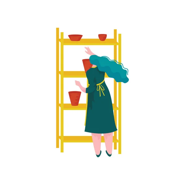 Raflar, zanaat hobi veya meslek vektör çizim üzerinde çanak çömlek yerleştirerek kız seramik atölyesinde çalışan genç kadın — Stok Vektör