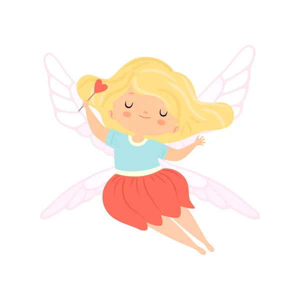 Schattig weinig gevleugelde Fairy met blond haar, mooie Flying meisje teken in fee kostuum met toverstaf vectorillustratie — Stockvector