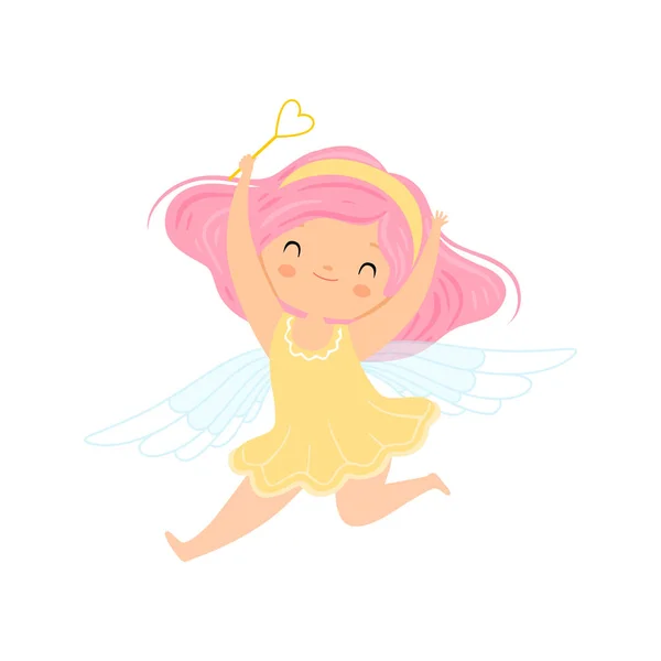 Прекрасная маленькая крылатая фея с розовыми волосами, красивая девочка в сказочном костюме с векторной иллюстрацией волшебной палочки — стоковый вектор