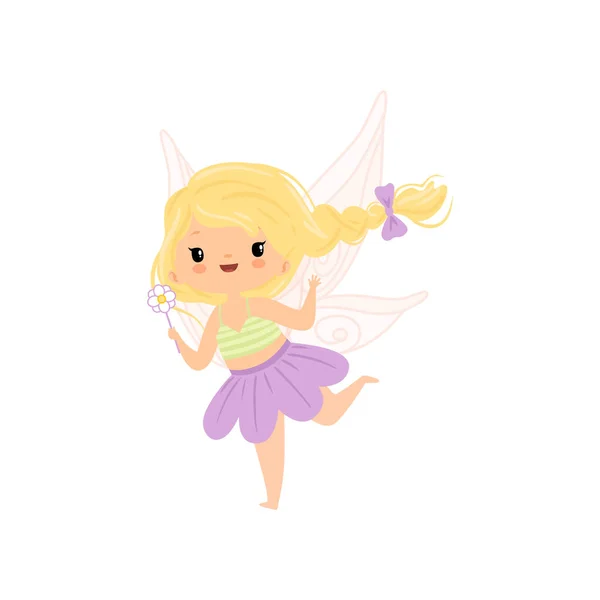 Linda pequena fada alada com cabelo loiro, bela personagem da menina voadora em trajes de fadas com magia varinha Vector Ilustração —  Vetores de Stock