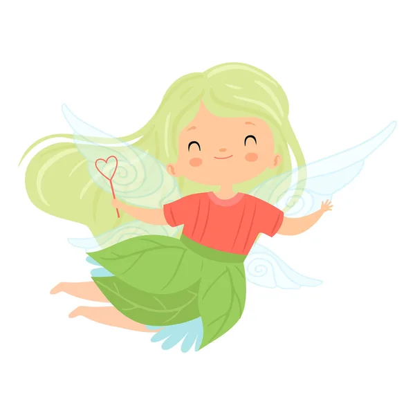Petite fée à ailes douces aux cheveux longs verts, personnage de fille volant mignon en costume de fée avec baguette magique Illustration vectorielle — Image vectorielle