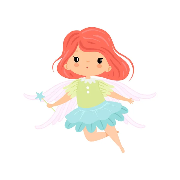 Beautiful Little Winged Fairy, Sweet Flying Girl Character in Fairy Costume with Magic Wand Vector Illustration — Stock Vector