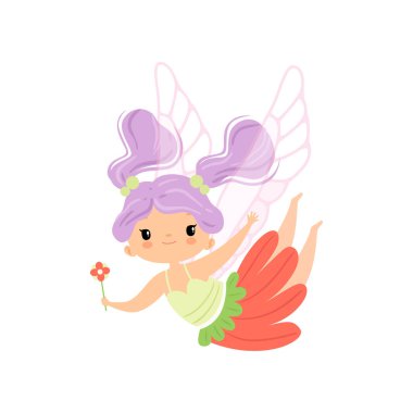 Güzel küçük peri leylak saçlı kız karakter peri kostüm sihirli değnek vektör çizim ile uçan kanatlı