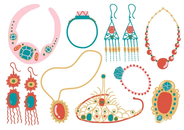 Collectie van sieraden accessoires, oorbellen, ketting, hanger, Tiara vectorillustratie — Stockvector
