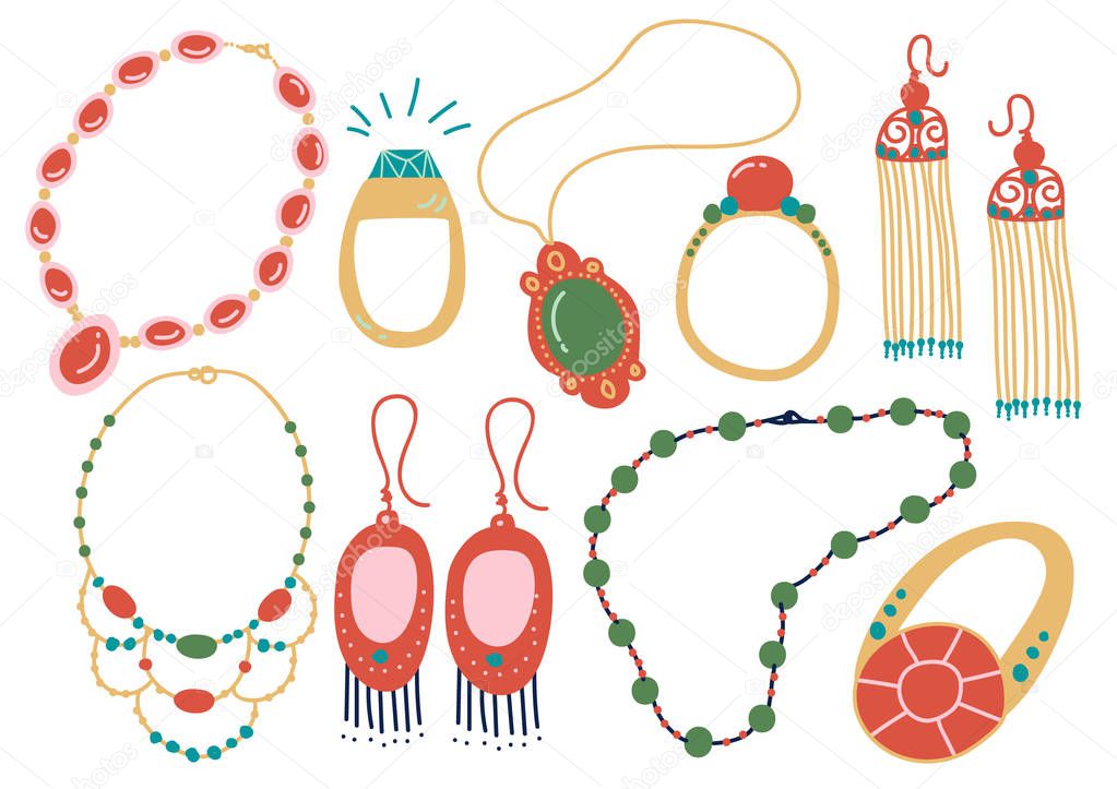 Collection of Jewelry Accessories, Necklace, Earrings, Pendant, Beads, Ring Vector Illustration