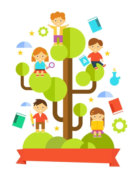 Kinder lernen am Baum. Vektorillustration — Stockvektor