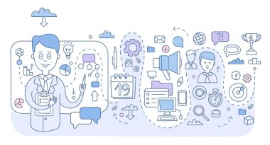 Doodle tarzı proje yönetimi kavramı. Çağdaş çizgi resimde web afiş, kahraman görüntüleri, basılı malzemeler için