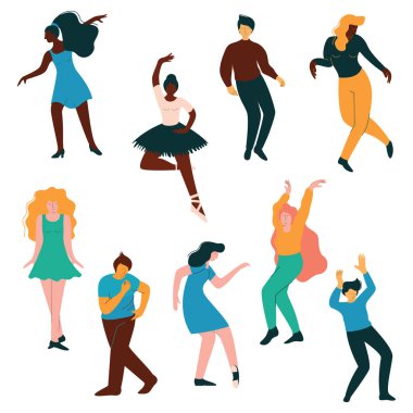 Set dans insanlar, erkek ve kadın dansçı klasik gerçekleştirme ve Modern dans illüstrasyon vektör