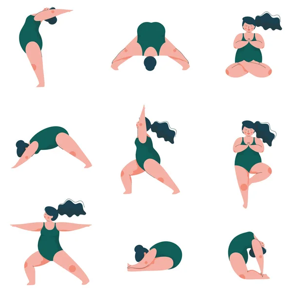 Изогнутая женщина, выполняющая комплекс упражнений, пухлая девушка в купальнике, спорт и здоровый образ жизни. — стоковый вектор