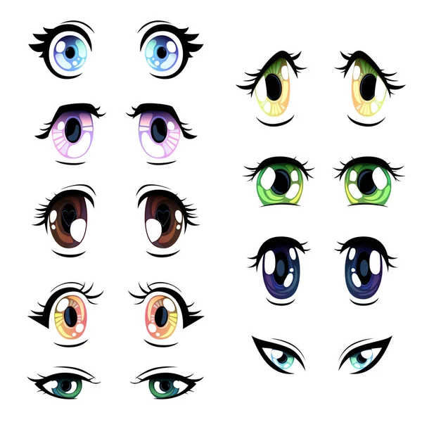 Sammlung von hellen Augen in verschiedenen Farben, schöne Augen mit Lichtreflexionen Manga japanischen Stil Vektor Illustration — Stockvektor