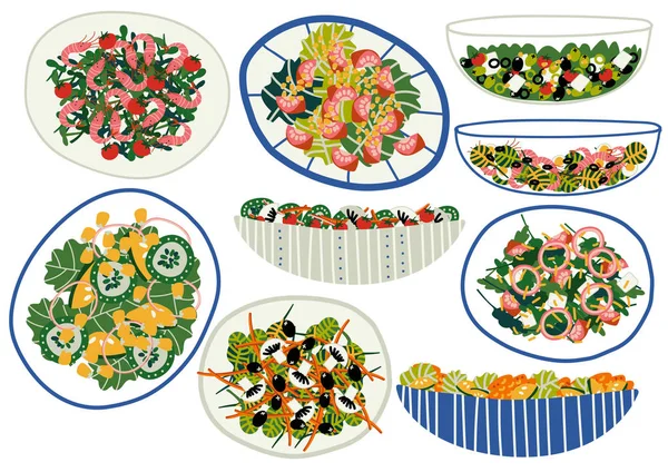 Varias ensaladas, Platos saludables apetitosos con verduras frescas, champiñones, camarones, aceitunas, hojas de ensalada Vector Illustratio — Archivo Imágenes Vectoriales