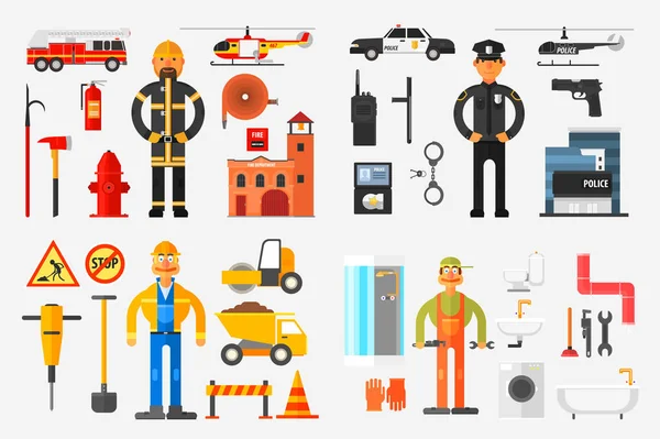 Berufe eingestellt, Feuerwehrmann, Polizist, Straßenarbeiter, Klempner mit professionellen Geräten Vektor Illustration — Stockvektor