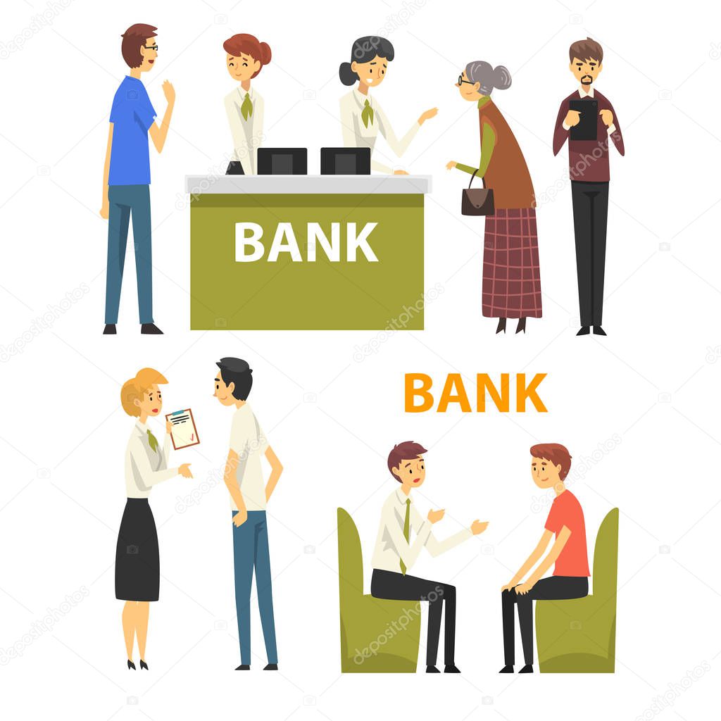 Clients Consulting at Managers at Bank Office, Banking Service Vector Illustration
