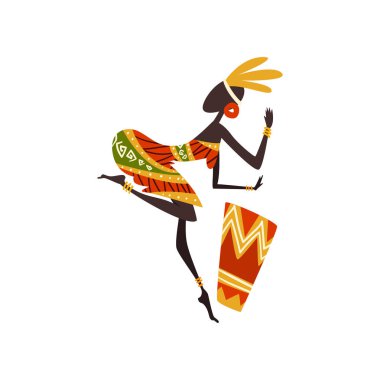 Dans ve davul, geleneksel etnik giyim vektör çizim kadın yerli dansçı oynayan Afrikalı kadın