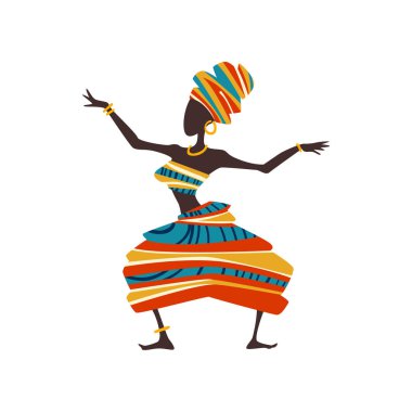 Afrikalı kadın dans, parlak geleneksel etnik giyim ve türban vektör çizim kadın yerli dansçı