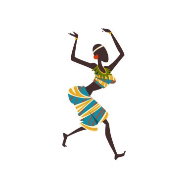 Afrikalı kız halk veya ritüel dans, geleneksel etnik giyim vektör çizim kadın yerli dansçı dans
