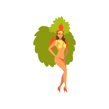 Gülümseyen kız giyiyor Bright festivali kostümü, Brezilya Samba dansçısı, Rio de Janeiro'da karnaval vektör çizim