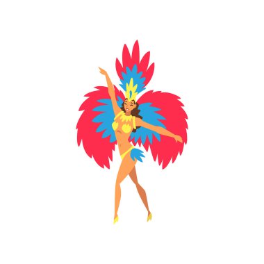 Genç kadın parlak Festival kostüm dans Samba, Brezilya karnaval dansçı, Rio de Janeiro Festivali vektör çizim
